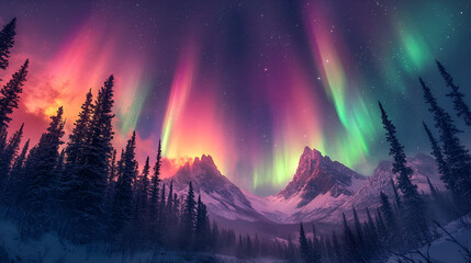  Aurora borealis with northern lights, colorful sky, ethereal winter, magical night