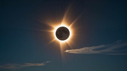 Obraz premium A breathtaking solar eclipse scene depicting the moon slowly creeping in front of the sun casting an ethereal glow on the surrounding landscape with the sun's corona bursting out in a fiery halo light