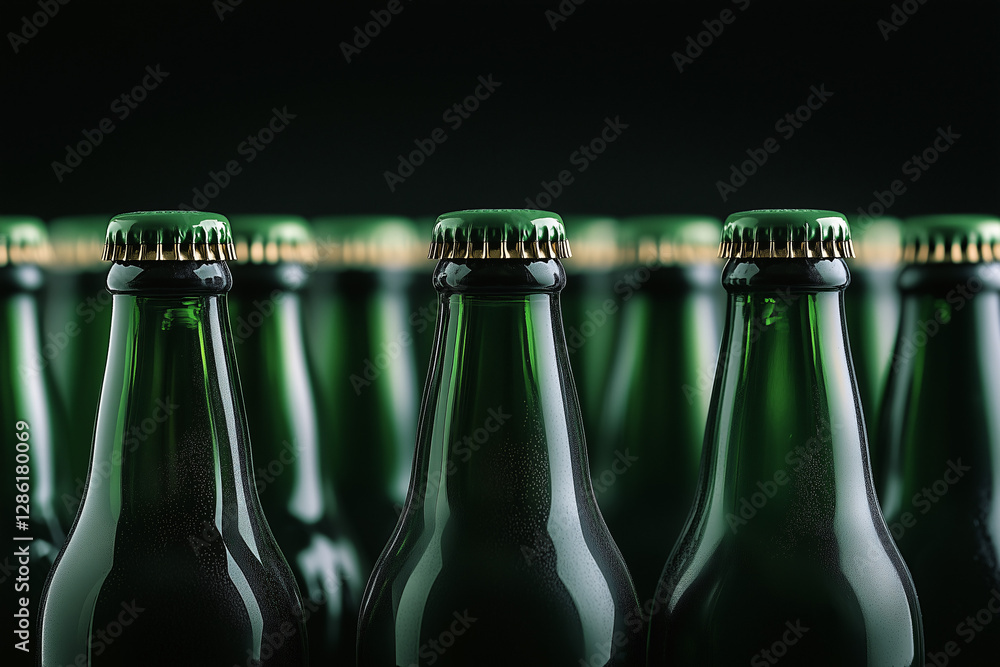 Poster refreshing array: a close-up shot captures a line of crisp, green beer bottles, their tops gleaming 