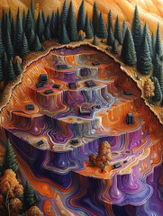 Surreal landscape art. Vibrant, swirling colors depict a hidden village nestled within a mesmerizing, layered rock formation.  Perfect for fantasy, nature, or abstract design projects.