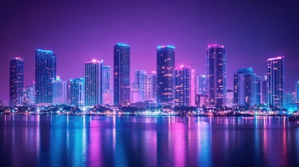 Naklejka premium Miami Skyline Night Neon Reflections