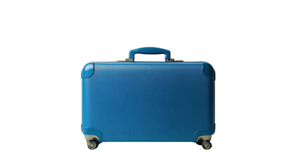Blue travel suitcase with wheels positioned against a plain background for presentation or storage purposes