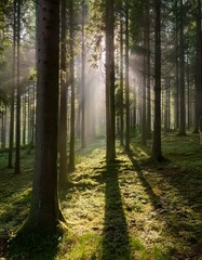 Obraz premium Light filtering through trees in a forest, creating soft shadows