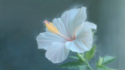 Fototapeta premium Gorgeous white hibiscus flower in full bloom set against a lush verdant tropical garden backdrop The delicate ethereal petals and vibrant green foliage create a captivating