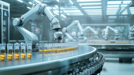 A futuristic pharmaceutical production line featuring robotic arms precisely handling and packaging capsules in a sterile high-tech laboratory environment, showcasing the advancements in automation an