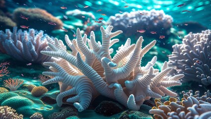 Discover a vibrant underwater world teeming with life, showcasing beautiful corals and small fish in their natural habitat.