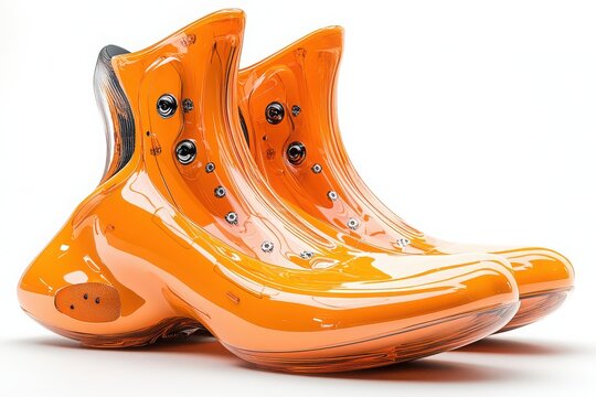 Modern futuristic design of orange sports avant-garde shoes by young designer Alen Beni. Concept idea for making a fashion collection. Isolated, white background.
