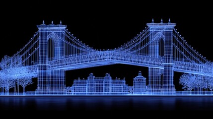 Fototapeta premium Stunning view of a blue wire bridge spanning over a serene waterway