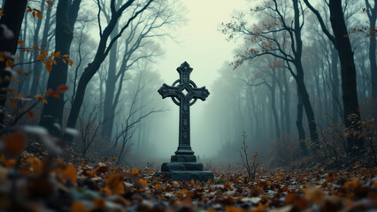 A serene graveyard scene with a large crucifix.