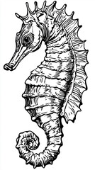 Bold Black-and-White Seahorse Artwork: Precision Cartoon Illustration for Aquatic Merchandise and Stylish Ocean Decor
