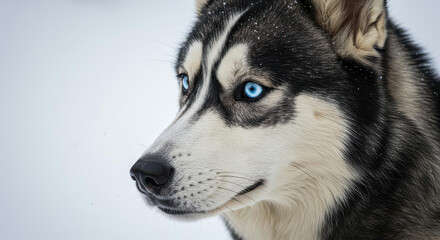 Fototapeta premium Stunning Close Up of Siberian Husky Dog with Striking Blue Eyes in Snowy Winter Scene