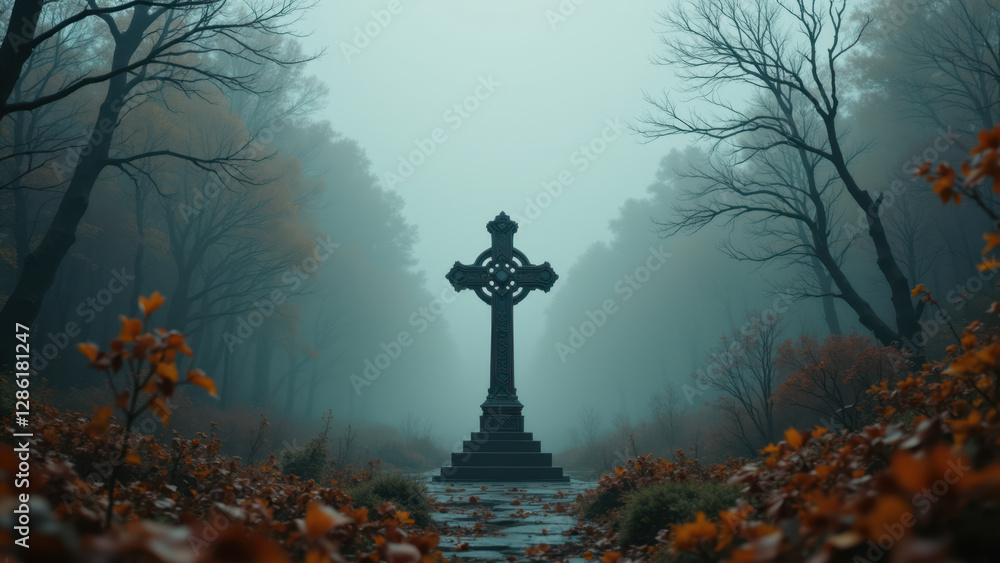Poster glimmering cross at center of foggy forest path with bare trees and fallen leaves.