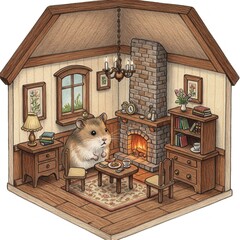 "A Tiny Hamster Living in a Miniature Dollhouse, With Tiny Furniture and a Warm Fireplace – A Delightful Pencil Color Scene"