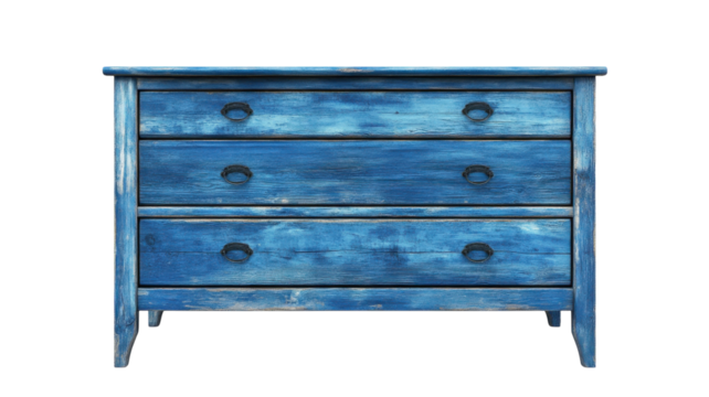 Bright blue wooden dresser with three spacious drawers for storage in a stylish and rustic design suitable for home decor