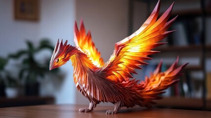 Obraz premium A vibrant paper phoenix sculpture with illuminated wings, set in a cozy indoor environment