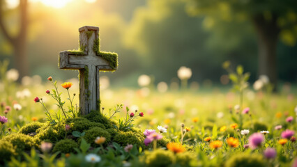 Cross surrounded by flowers, symbolizing faith amidst nature's beauty.