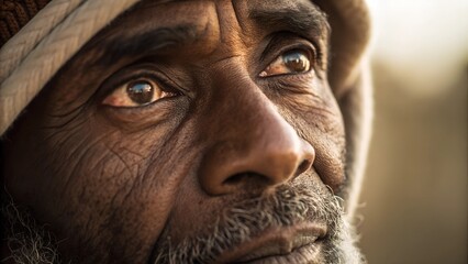 Resilient Gaze: A close-up portrait of an elder man, with weathered skin and insightful eyes, capturing the depth of human experience, culture, and wisdom.
