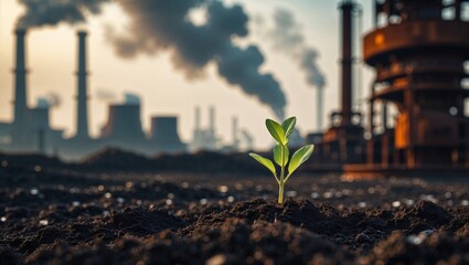 A young seedling bravely sprouts from the earth amidst a sprawling industrial landscape.