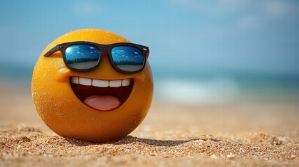 Naklejka premium A fun image of a smiling orange wearing stylish sunglasses on a sunny beach