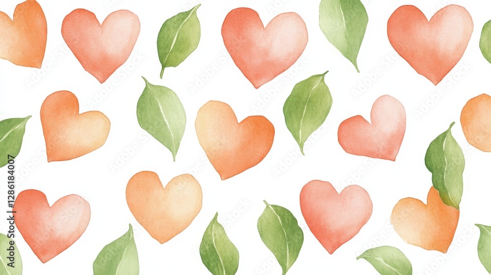 Poster watercolor heart pattern with soft peach and green tones arranged in a harmonious artistic compositi