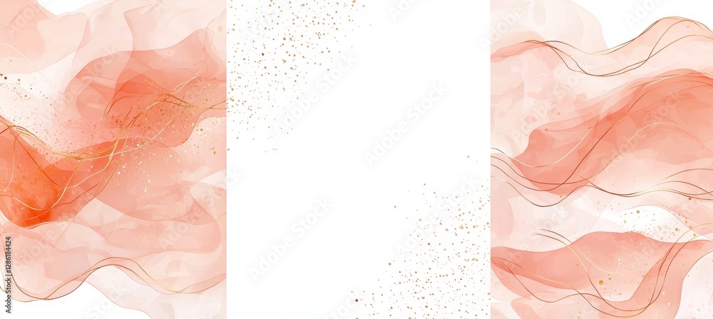 Poster an array of abstract dusty pink watercolor backgrounds with golden lines and a frame. the design fea