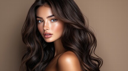 Fototapeta premium Elegant woman with long brown hair flowing gracefully in a casual setting