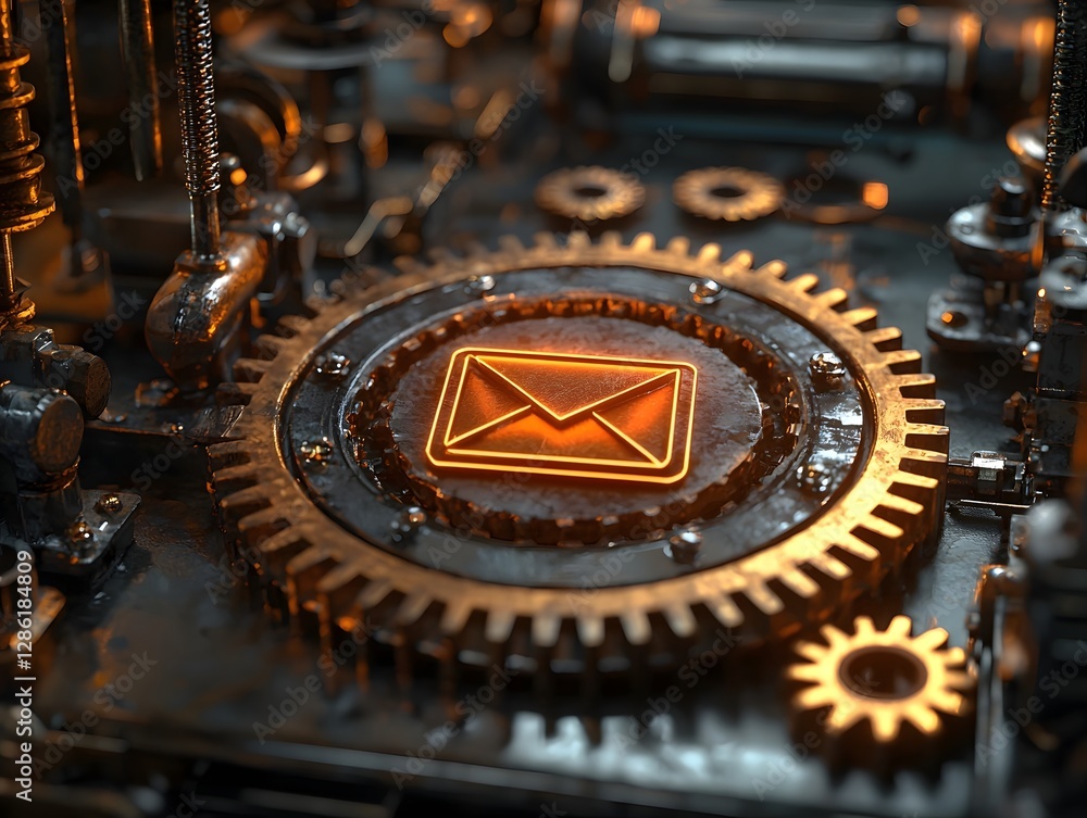 Poster glowing email icon surrounded by intricate golden gears symbolizing efficient communication mechanic