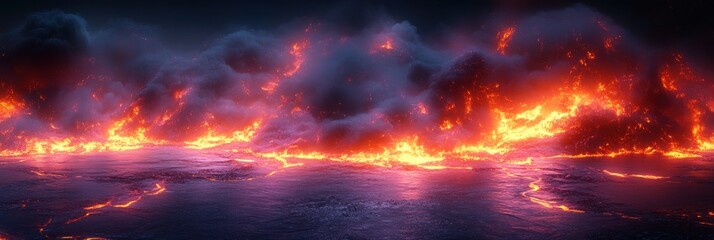 Fiery inferno landscape reflected in dark water.