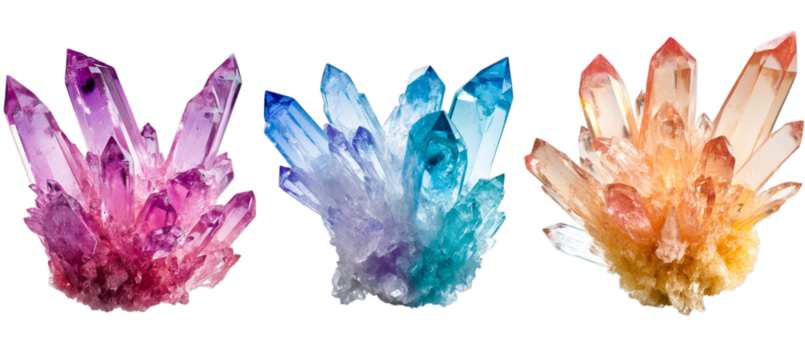 Vibrant multicolored crystal clusters with radiant translucent points