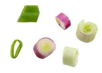 Falling green onion slices, fresh cut chives isolated on white background