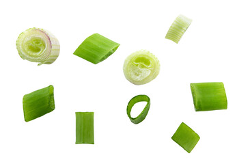 Falling green onion slices, fresh cut chives isolated on white background