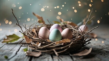 Pastel speckled Easter eggs nestled in a twig nest evoke a sense of springtime joy and rustic charm.