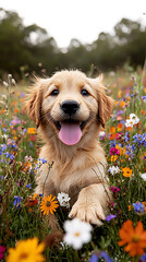 Adorable Golden Retriever puppy playfully nestled in a vibrant wildflower meadow.  Perfect for pet, nature, spring, or happiness themed projects.  Captures joy and innocence.