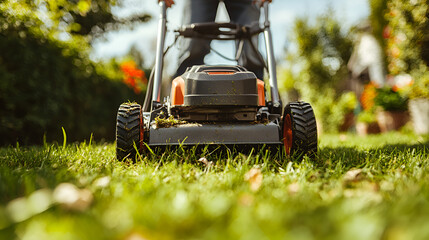  Lawn mower closeup on freshly cut grass, vibrant green lawn, suburban gardening, summer maintenance