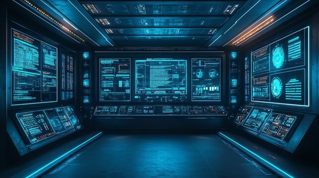 Futuristic Control Room with Blue Screens and Data Visualization