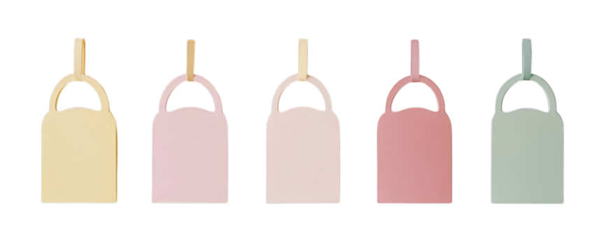 Colorful pastel tags hanging in a row on transparent background