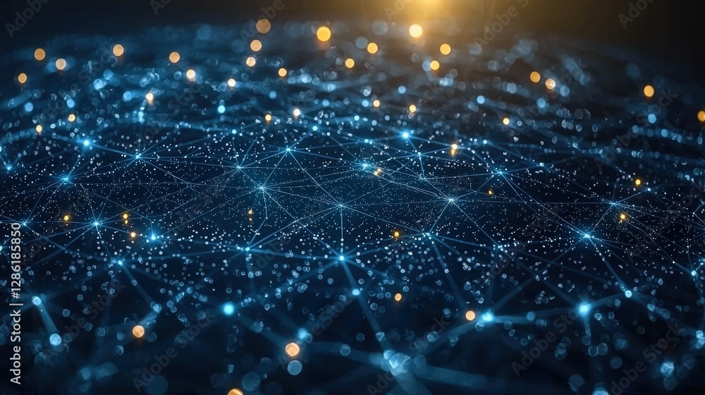 Poster dark background featuring glowing light and a network of dots creating a futuristic effect