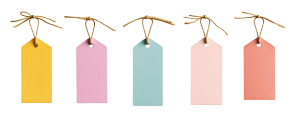 Colorful blank gift tags with strings in yellow, pink, blue, peach, and orange