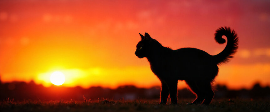 Black cat silhouette against sunset, elegant outdoor scene