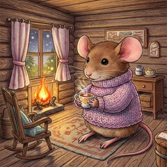 "A Tiny Mouse Wearing a Hand-Knitted Sweater, Holding a Warm Cup of Tea in a Cozy Wooden Cabin – A Heartwarming Pencil Color Sketch"