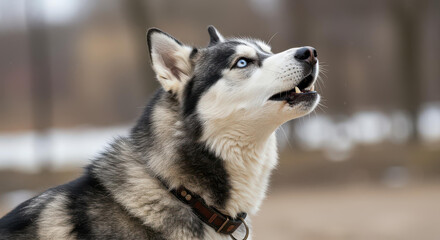 Majestic Siberian Husky Dog with Striking Blue Eyes Outdoors in Winter