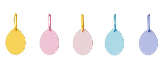 Colorful hanging paper tags in yellow, pink, and blue displaying circular design