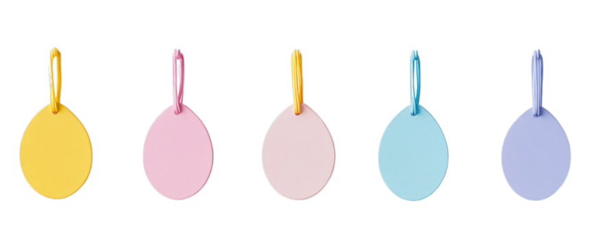 Colorful hanging paper tags in yellow, pink, and blue displaying circular design - Powered by Adobe