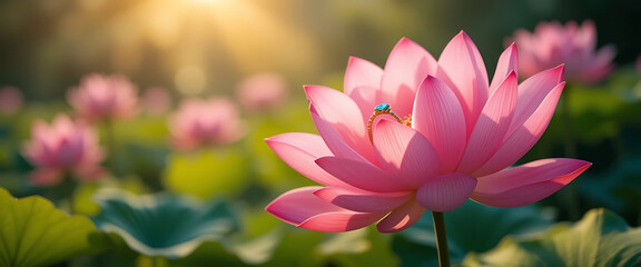 Obraz premium Pink Lotus Flower in a Serene Pond with Lush Green Leaves Basked in Warm Sunlight, Highlighting Natural Beauty