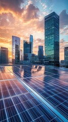Solar panels on skyscrapers at sunset.