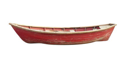 Weathered red wooden boat rests peacefully on the shore awaiting its next adventure by the calm waters under a clear sky