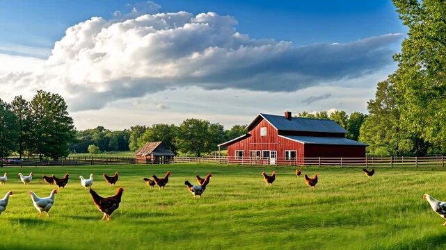 Idyllic Farm Scene: Red Barn, Chickens, and Lush Green Pasture
