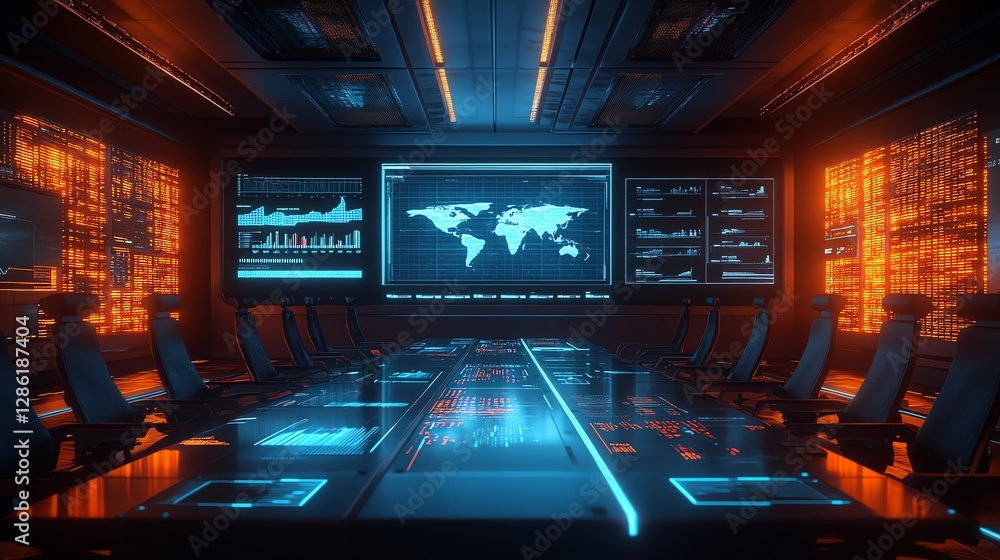 Poster futuristic control room with global data monitoring screens