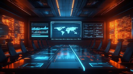 Futuristic Control Room with Global Data Monitoring Screens