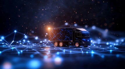 Futuristic truck amidst a digital network backdrop